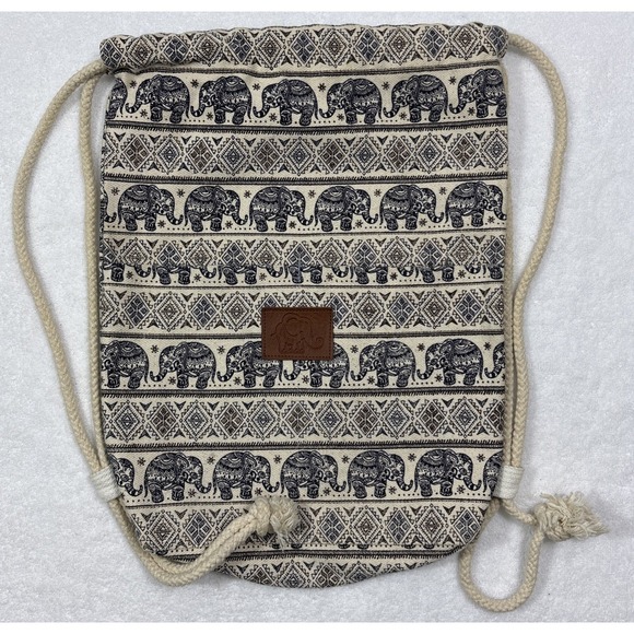 The Unbranded Brand Handbags - Thai Elephant Print Canvas Drawstring Backpack Bag Boho Cream Navy 15x12x3